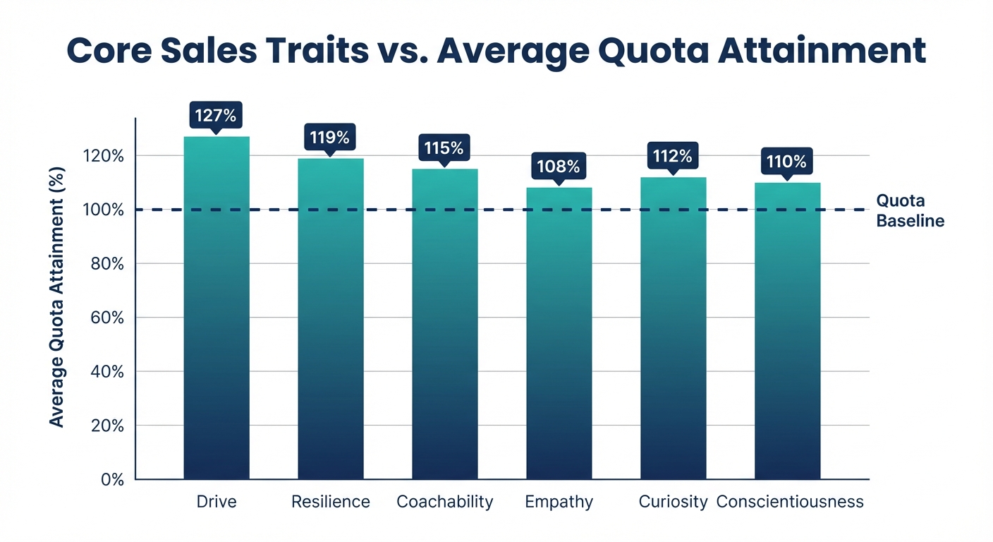 Core Sales Traits vs Average Quota Attainment: Drive (127%), Resilience (119%), Coachability (115%), Empathy (108%), Curiosity (112%), Conscientiousness (110%)