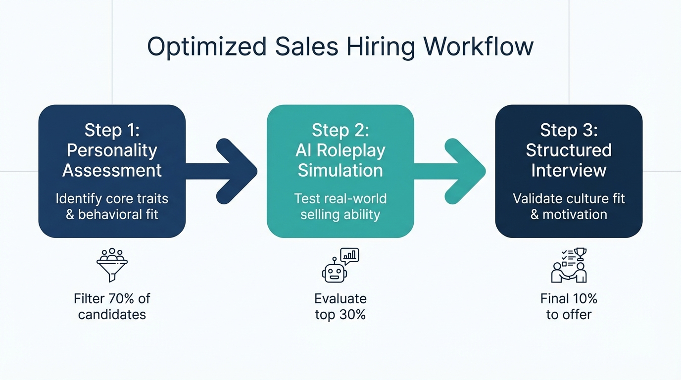 Optimized Sales Hiring Workflow: 3-step process from Personality Assessment to AI Roleplay Simulation to Structured Interview