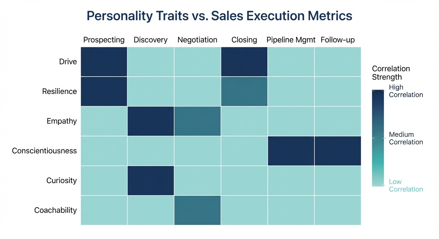 Personality Traits vs Sales Execution Metrics: heatmap showing correlation between traits like Drive, Resilience, Empathy and activities like Prospecting, Closing, Pipeline Management