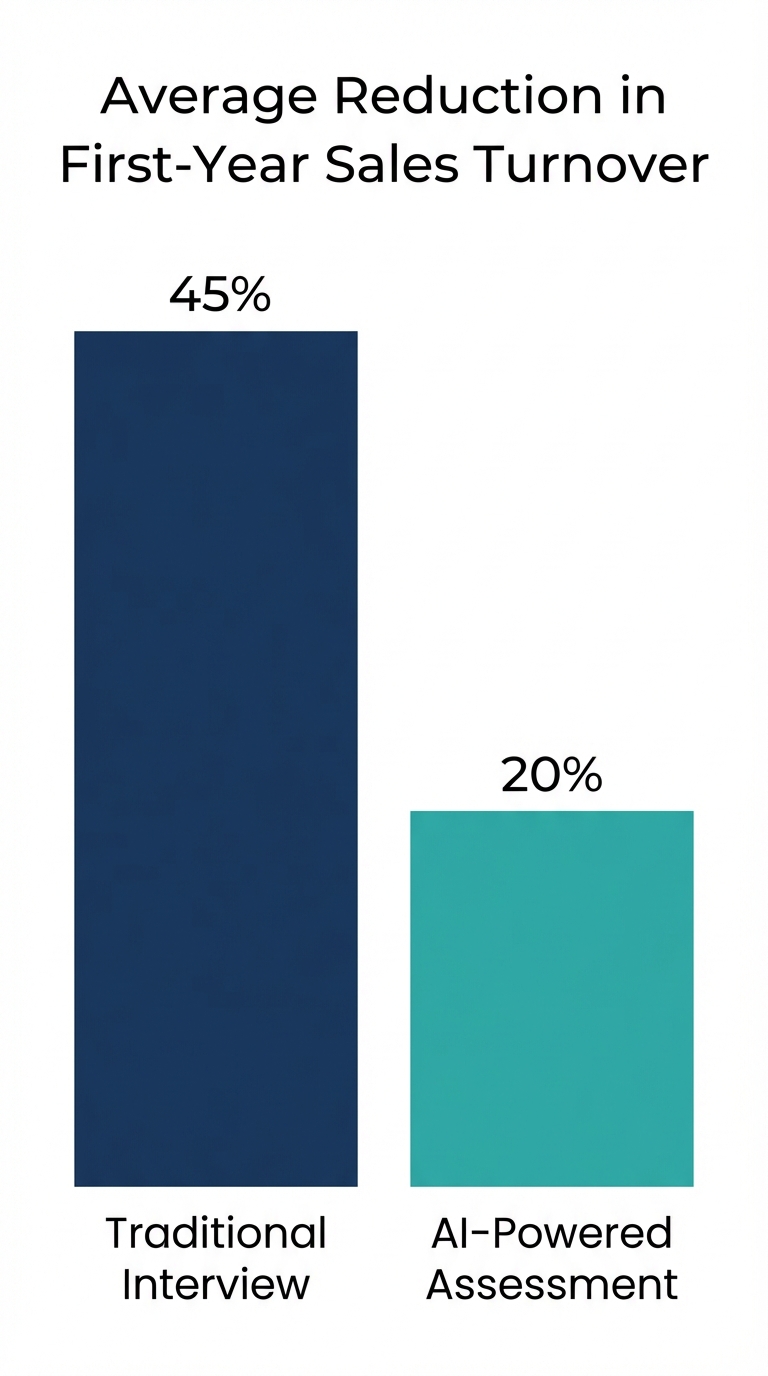 Bar chart showing average reduction in first-year sales turnover — traditional interview process versus AI-powered assessment, with navy bars on white background and percentage labels