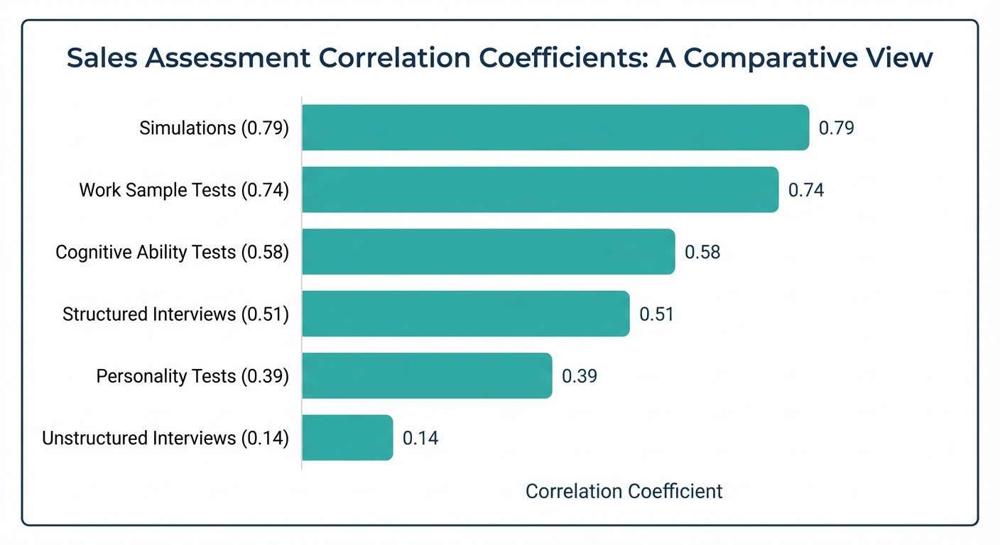 Horizontal bar chart comparing correlation coefficients by assessment type, from unstructured interviews at the low end to work sample tests and simulations at the high end, with teal bars on white background