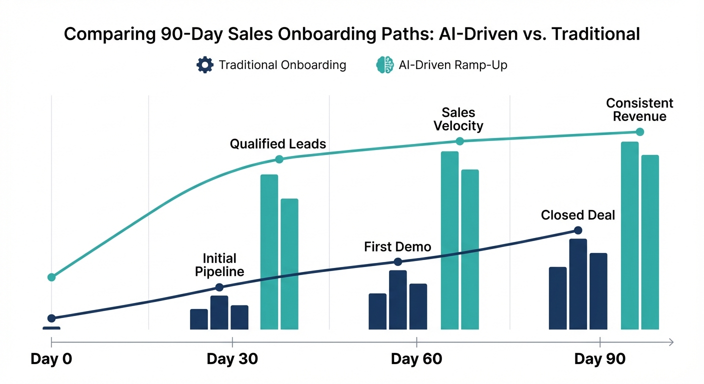 90-day timeline chart comparing accelerated AI-driven sales ramp-up vs traditional manual onboarding