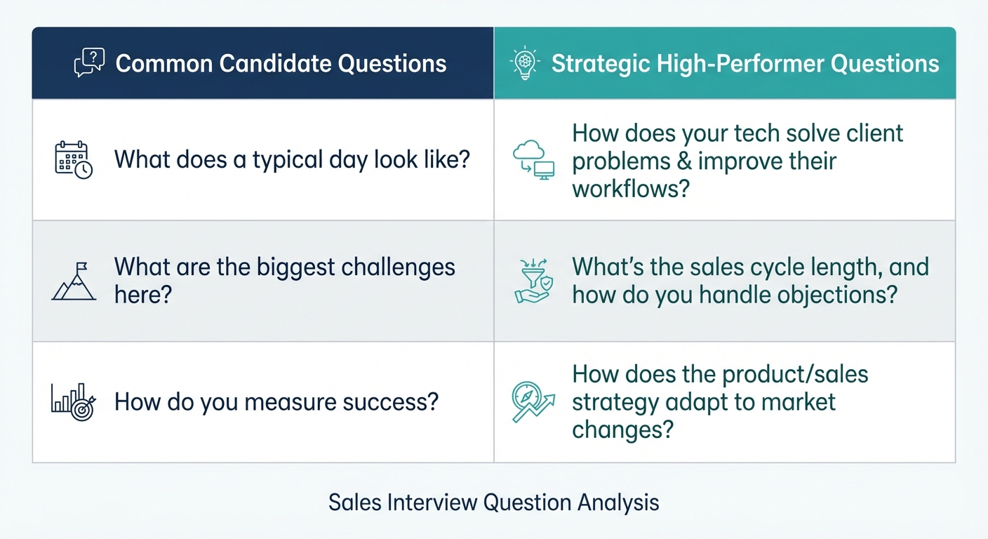 Table comparing common candidate questions vs strategic high-performer questions during a sales interview
