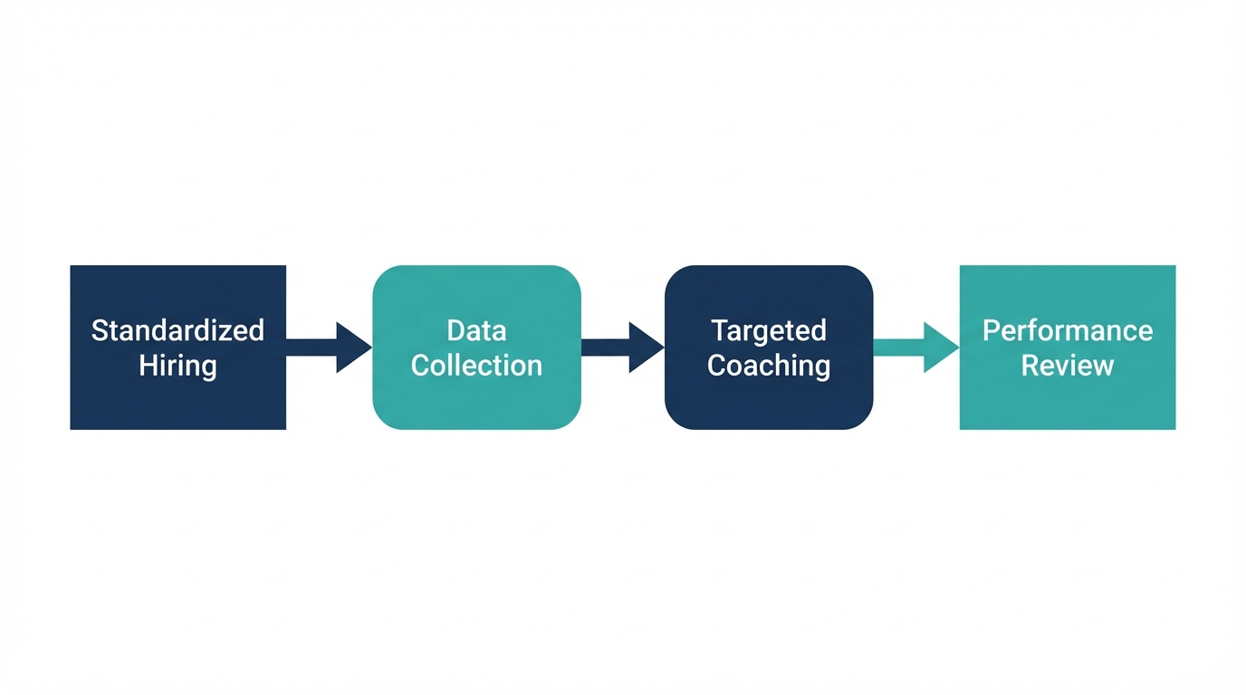 Flowchart showing the hiring cycle: Standardized Hiring → Data Collection → Targeted Coaching → Performance Review