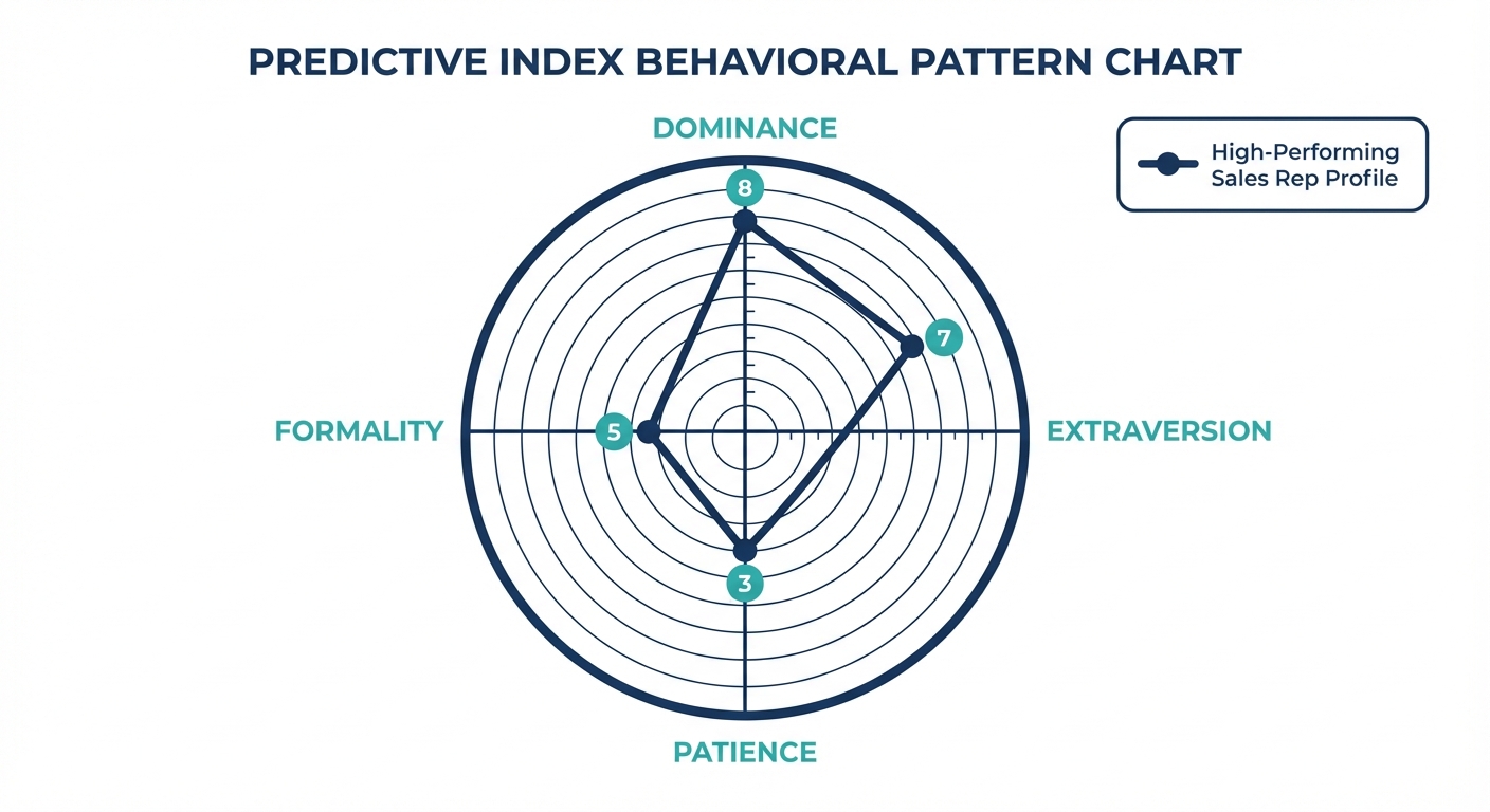 Predictive Index behavioral pattern chart showing the four factors — Dominance, Extraversion, Patience, Formality — mapped to a high-performing sales rep profile with navy and teal color coding