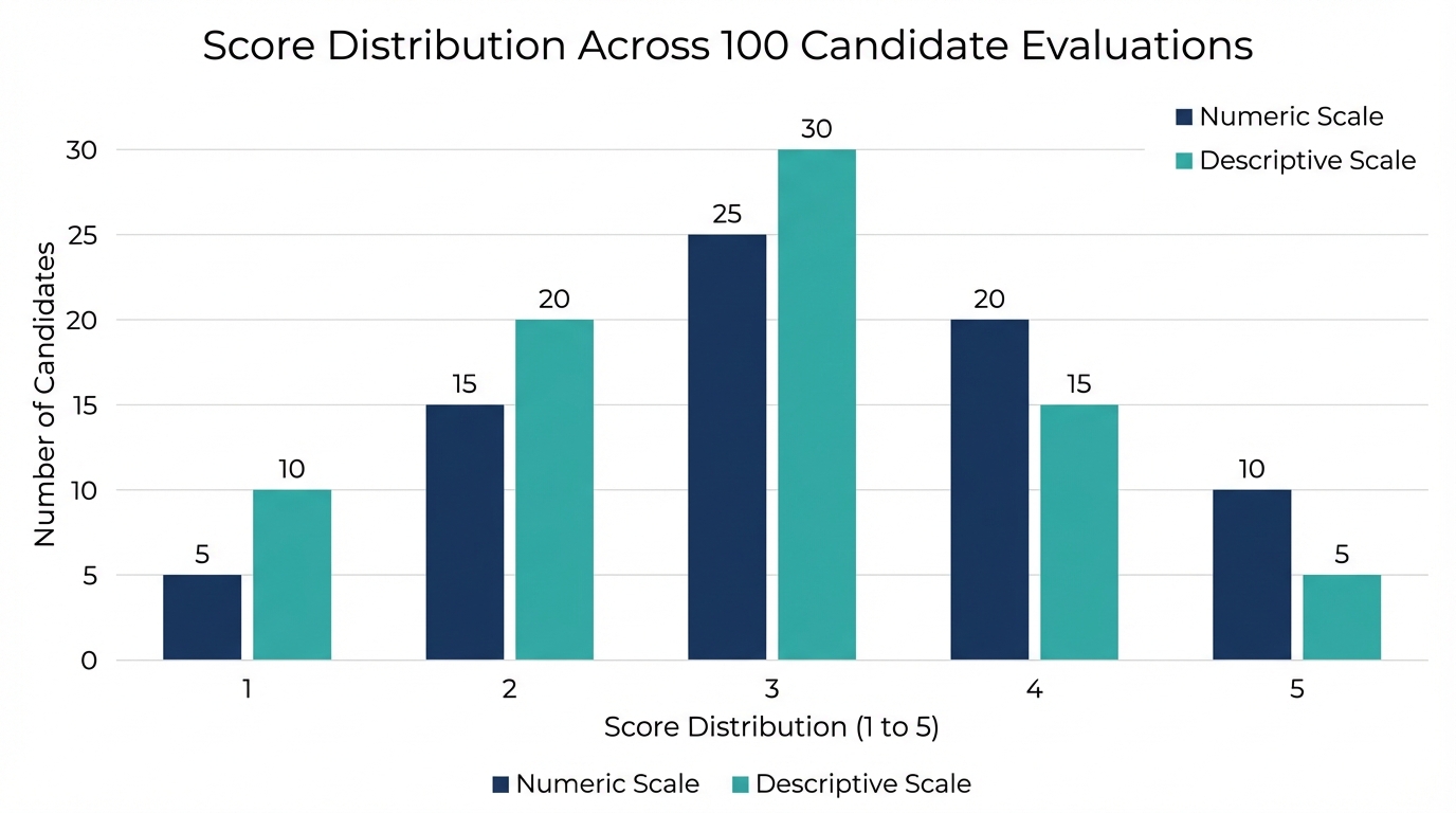 Bar chart comparing score distributions between numeric and descriptive rating scales across 100 candidate evaluations
