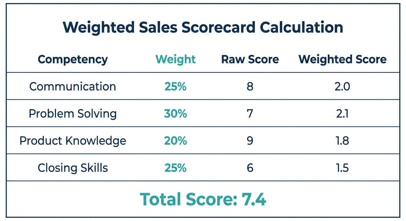 Calculation example showing a weighted sales scorecard with four competencies, their weights, raw scores, and final weighted total