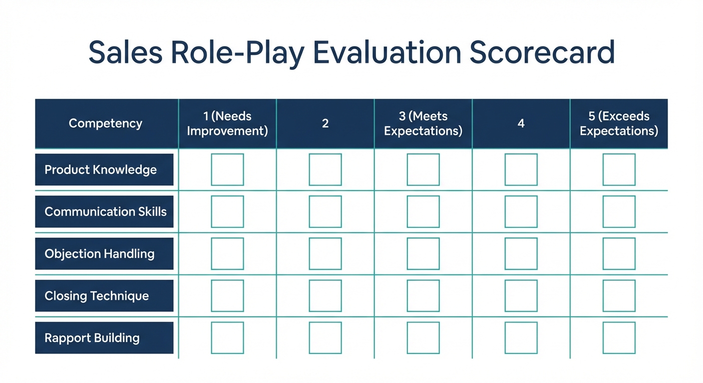 Example scorecard template for a sales role-play evaluation with competency rows and 1-5 rating columns