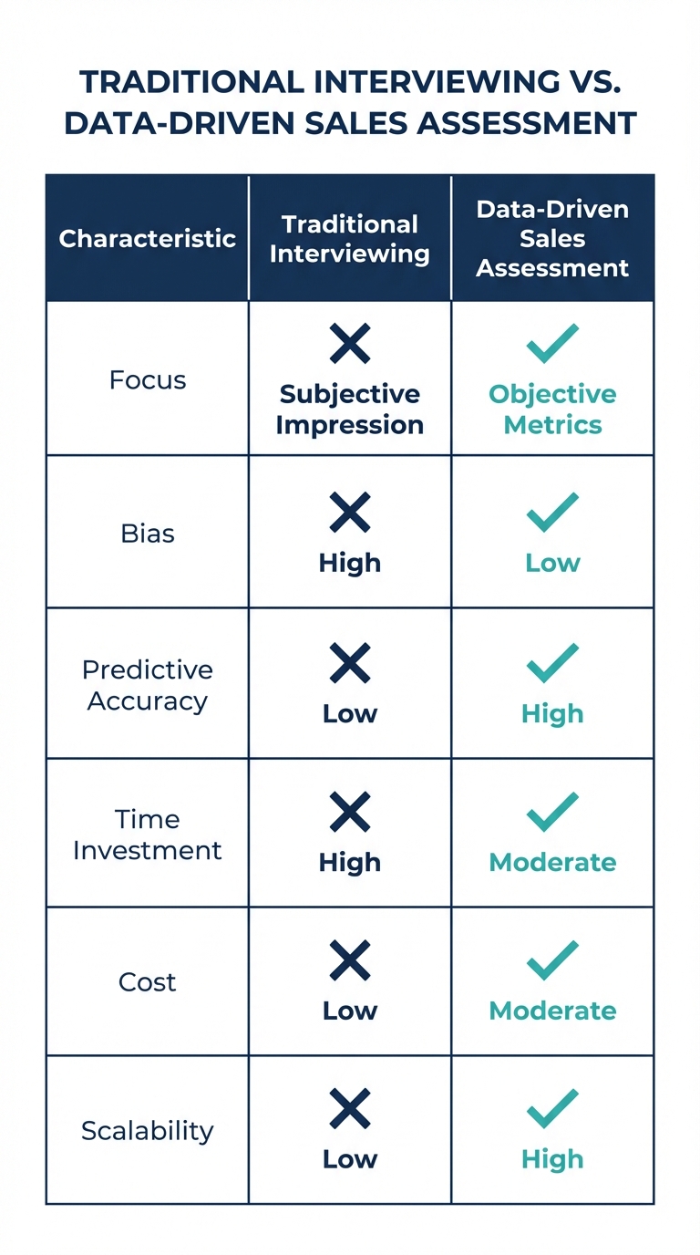 Table comparing traditional interviewing versus data-driven sales assessment methods