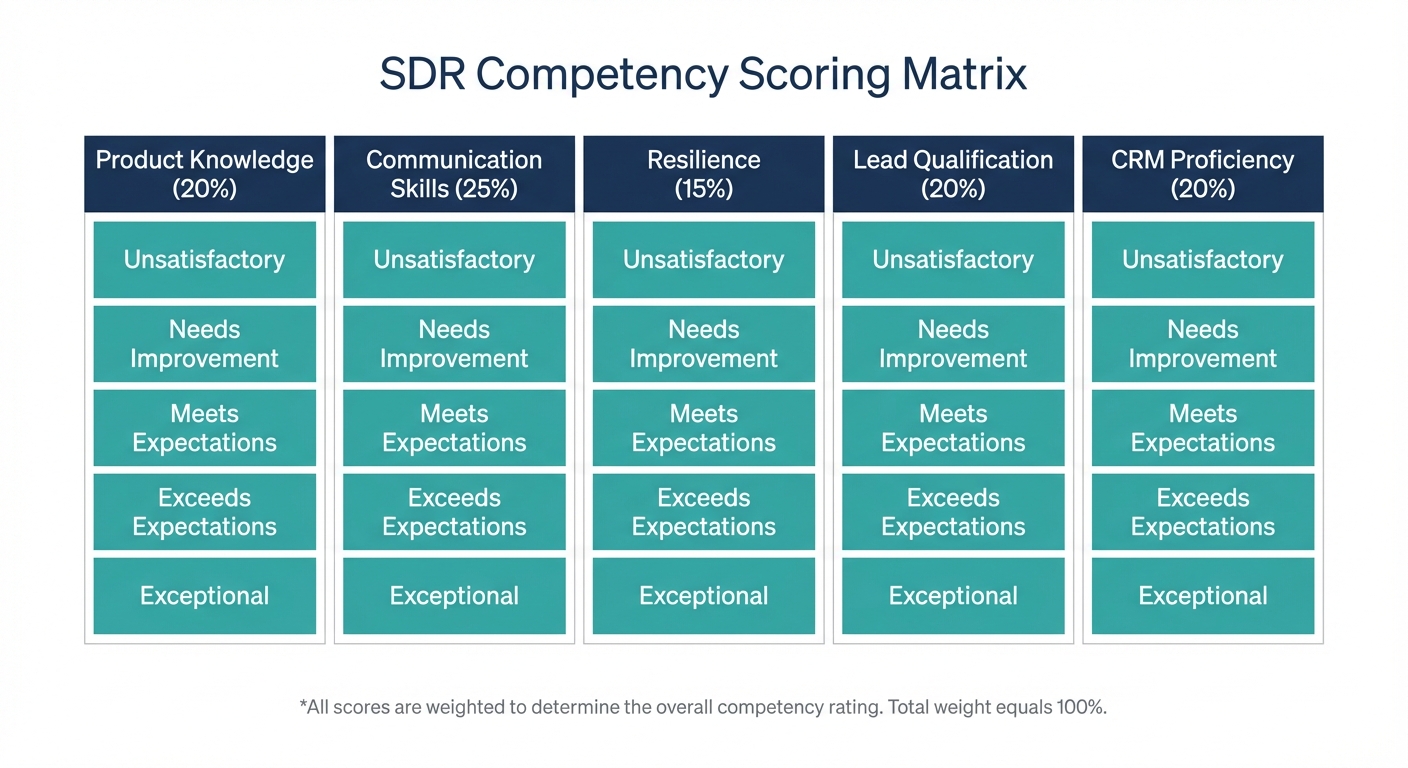 SDR competency scoring matrix showing the five core assessment areas with weighted scoring