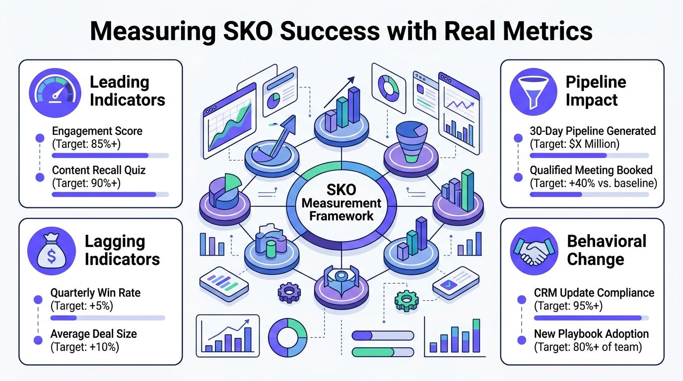 An infographic titled Measuring SKO Success with Real Metrics displaying key performance indicators for sales meetings.