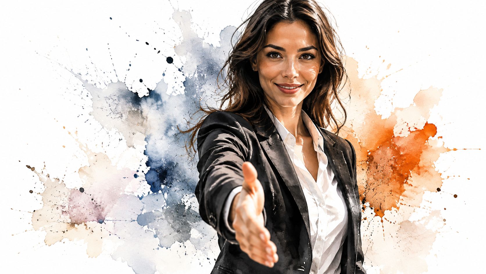 A professional woman in a business suit extending her hand for a handshake against a watercolor background.