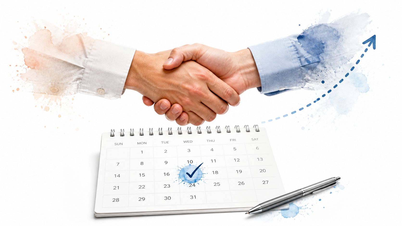 A professional business handshake over a calendar with a marked date and a pen, symbolizing scheduling.