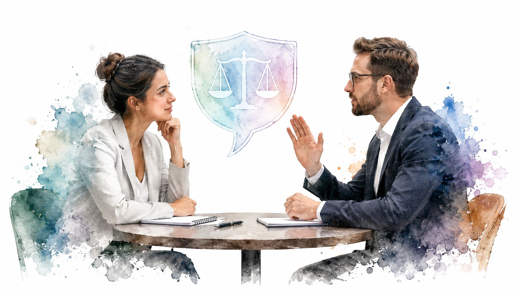 A professional man and woman discussing business strategy at a table with an abstract law scale graphic.