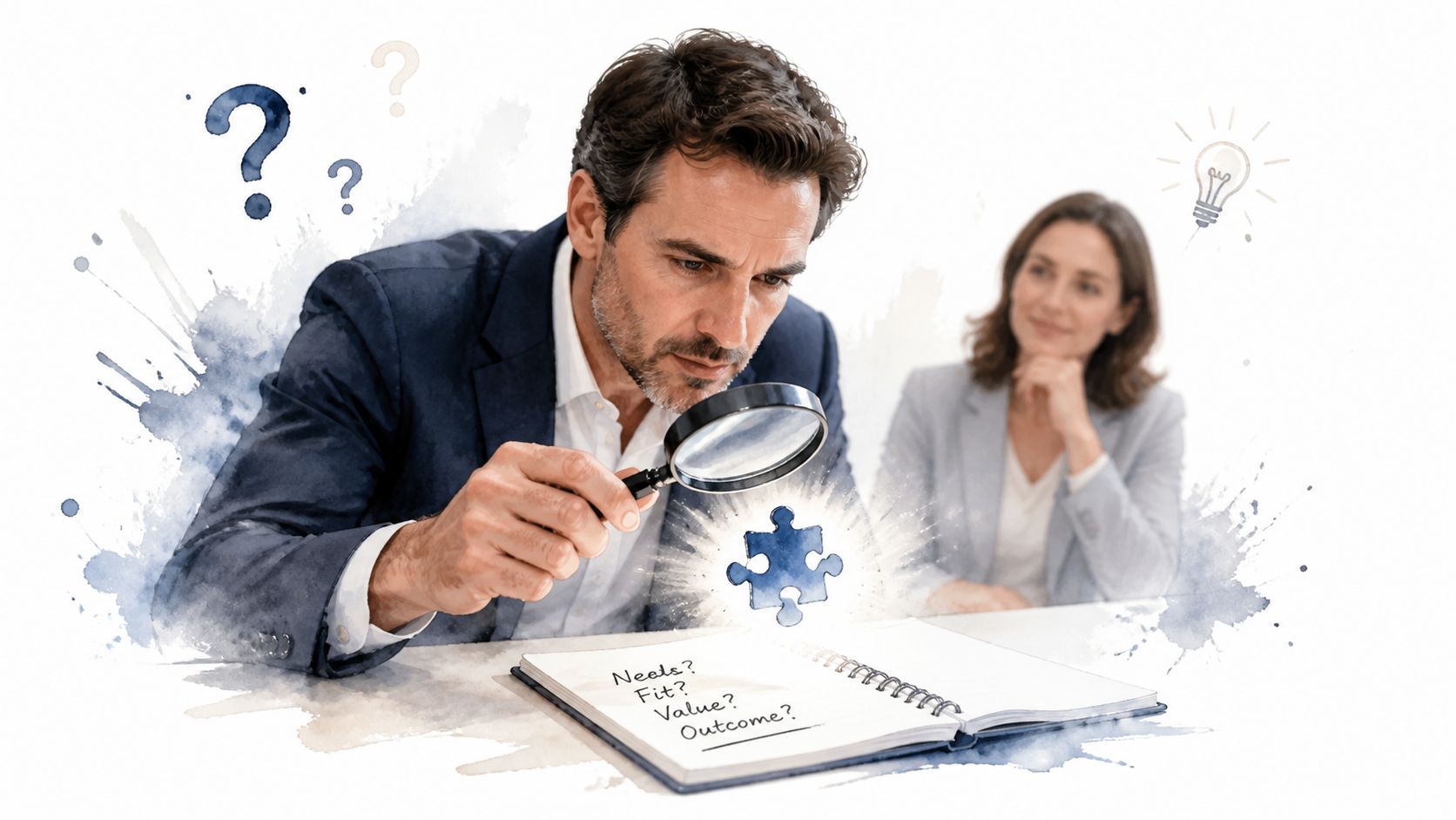 A professional man examining a puzzle piece with a magnifying glass over a notebook with business questions.