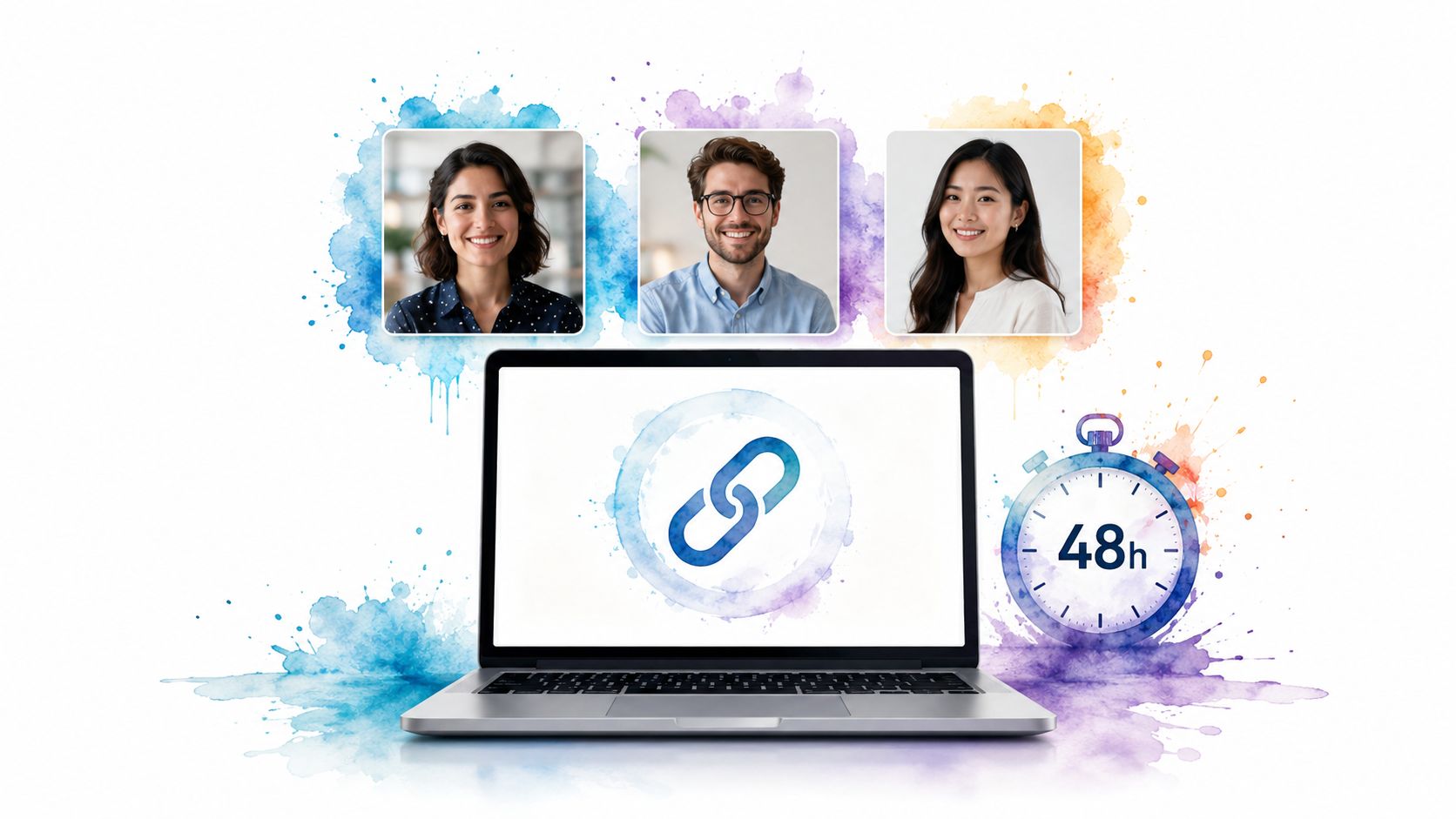 A laptop featuring a link icon, a countdown timer, and portraits of three diverse professional team members.
