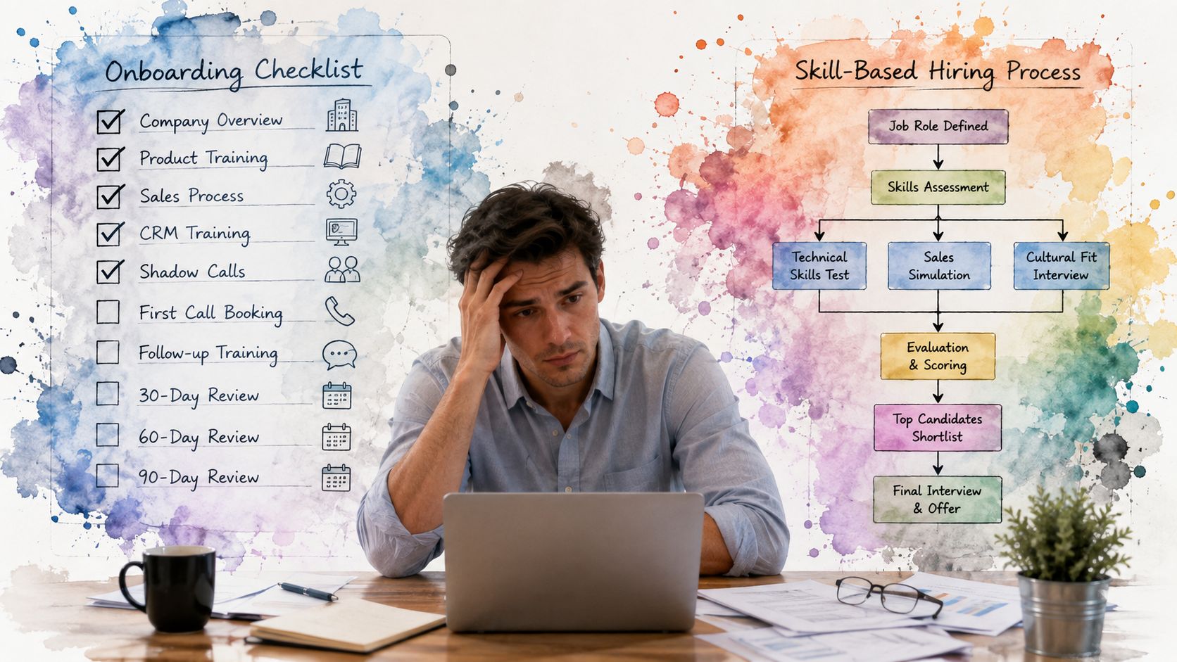 A stressed man working on a laptop with onboarding and hiring process flowcharts visible in background.