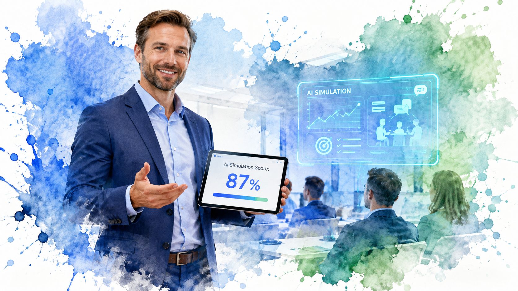 A professional man holding a tablet showing an 87% AI simulation score during a business presentation.
