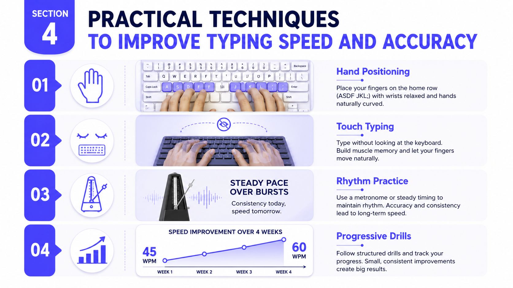 An infographic detailing four practical techniques to improve typing speed and accuracy through consistent practice.