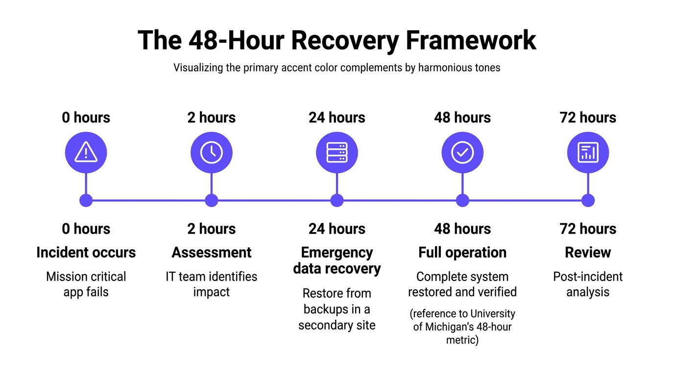 A timeline chart illustrating the 48-hour recovery framework for restoring mission critical applications after an IT incident.
