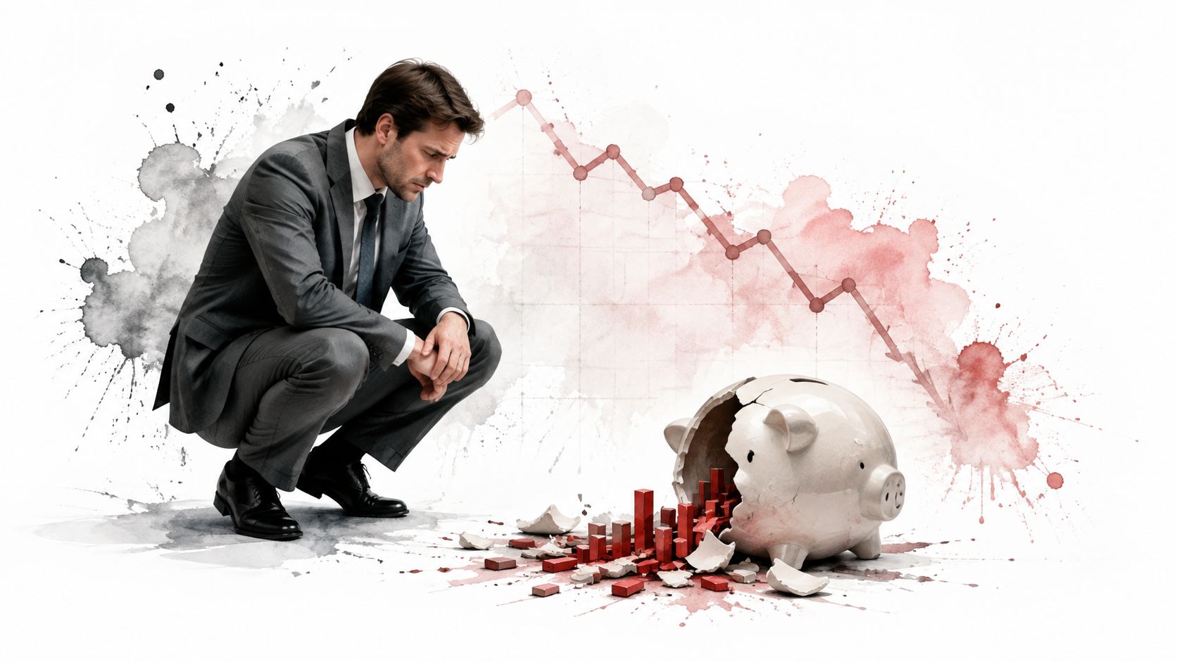 A distressed businessman in a suit crouches beside a shattered piggy bank with a declining financial graph.