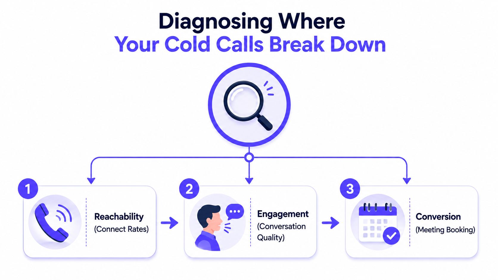 A diagnostic flowchart visualizing the three stages of cold call breakdown: reachability, engagement, and conversion.