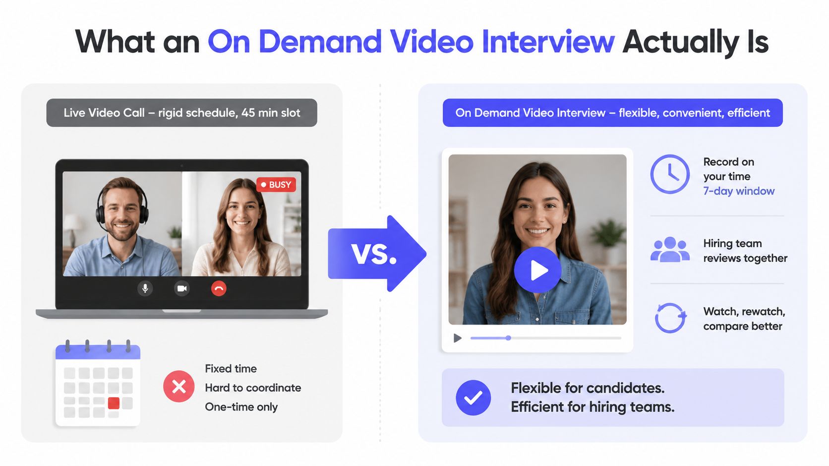 A comparison graphic showing a live video call versus a flexible on demand video interview process.