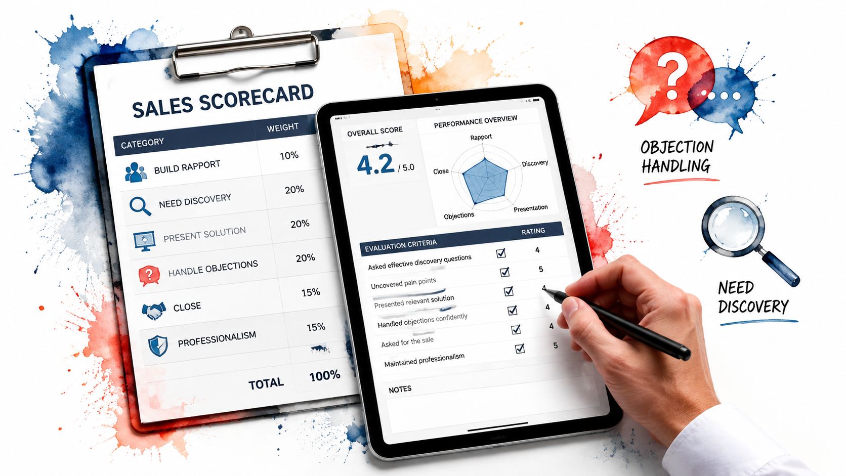 A hand filling out a digital sales scorecard on a tablet alongside a physical clipboard checklist.