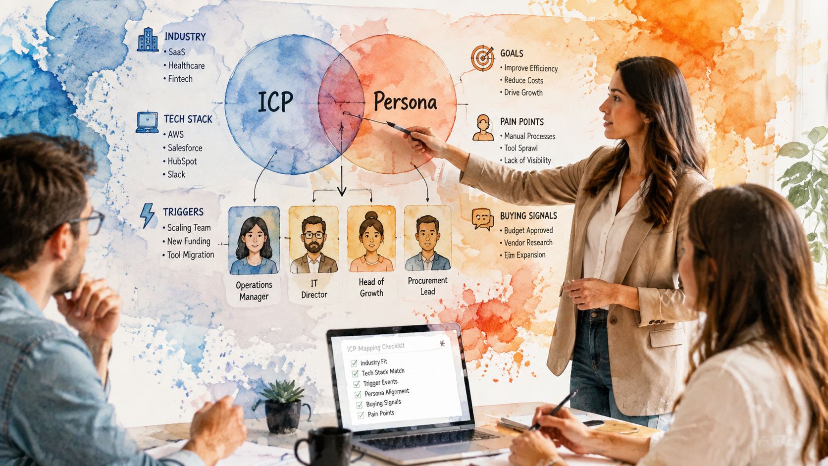 A professional team discussing an ICP and buyer persona mapping presentation on a wall-mounted whiteboard.