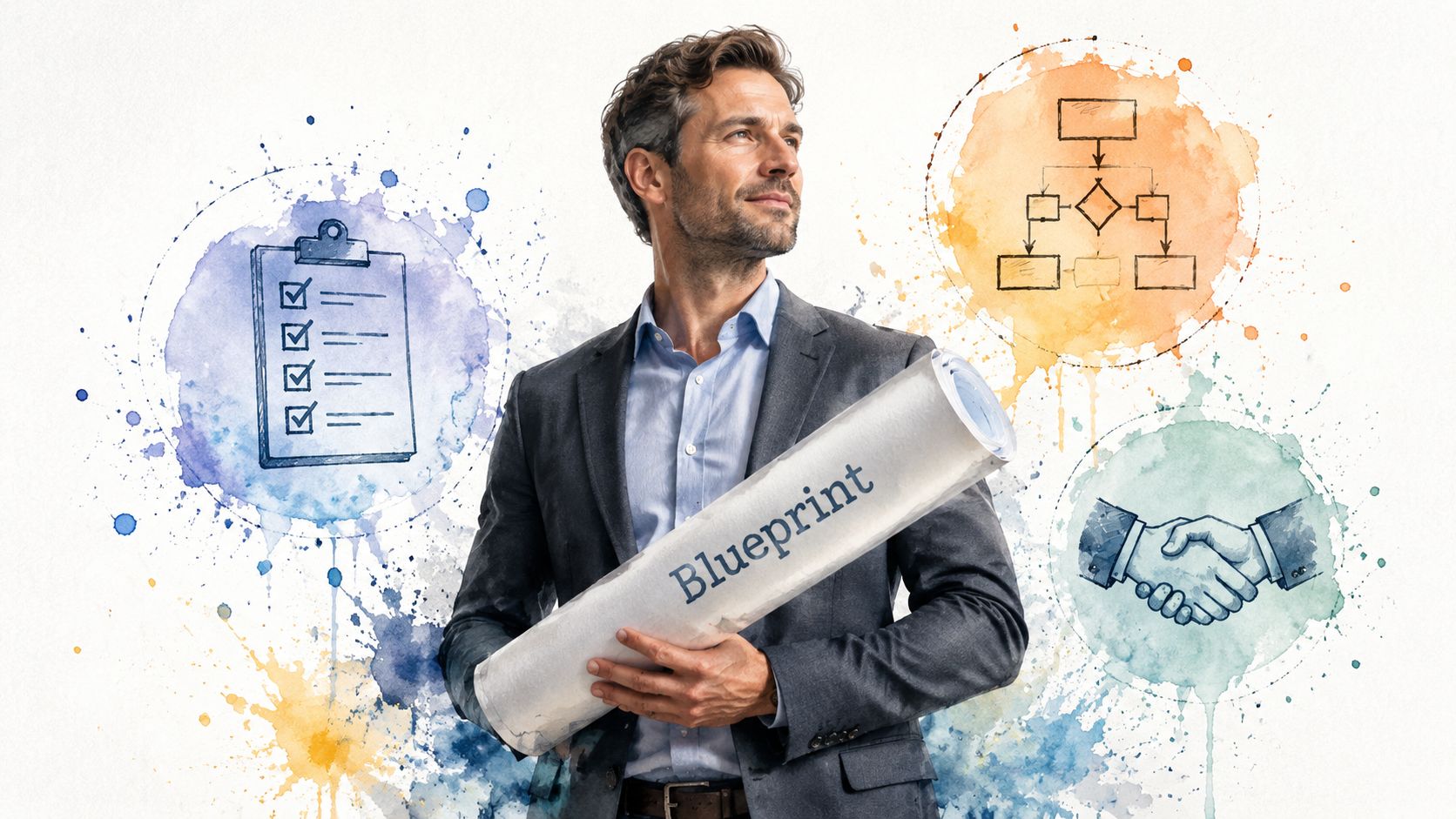 A professional man holding a blueprint surrounded by business icons representing planning, workflow, and successful partnership.