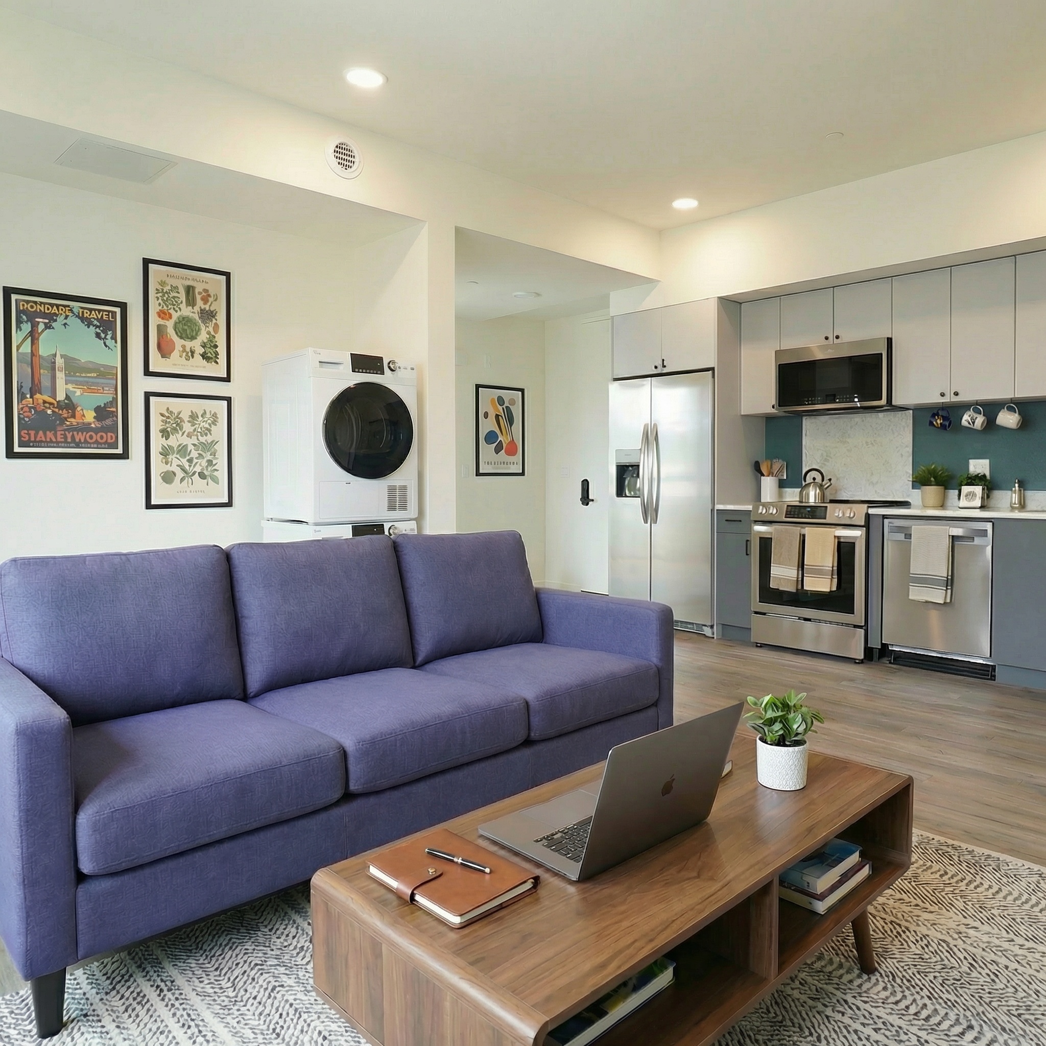 Apartment living room and kitchen featuring a purple sofa, wood coffee table, and open-concept layout with stainless steel appliances at ArtHaus Dwight in Berkeley, CA.