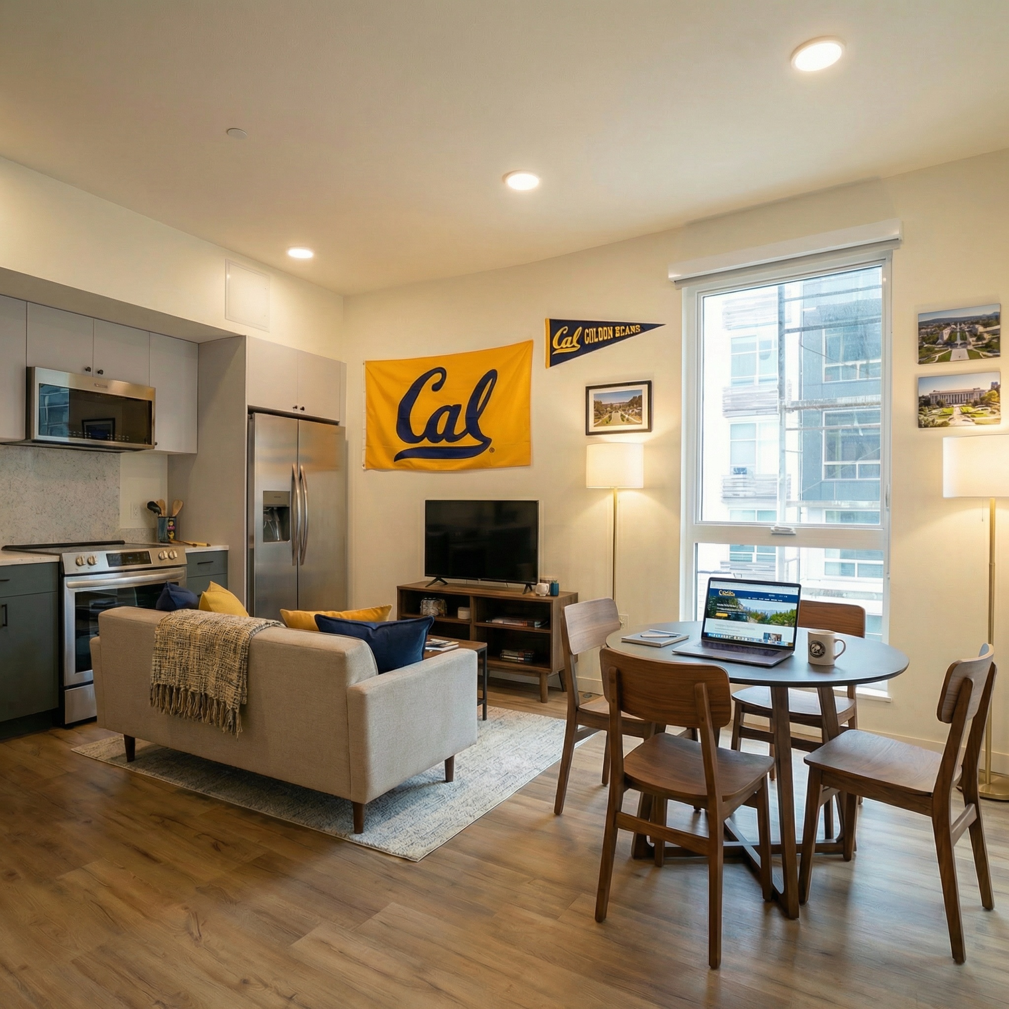 Apartment living room and kitchen featuring a gray sofa, wood coffee table, and open-concept layout with dining area with table and chairs and stainless steel appliances at ArtHaus Dwight in Berkeley, CA.