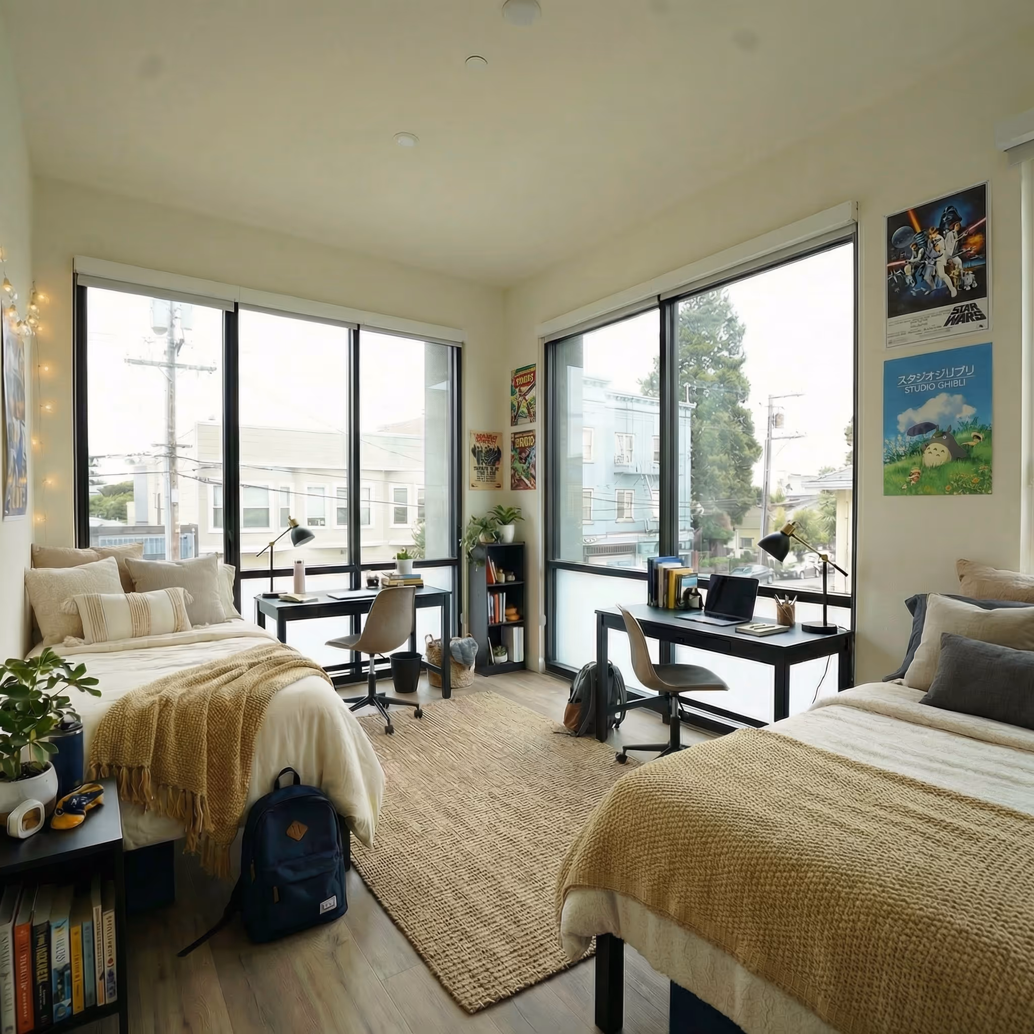 Fully furnished apartment shared bedroom featuring two beds, dedicated desk areas, and large windows at ArtHaus Dwight in Berkeley, CA.