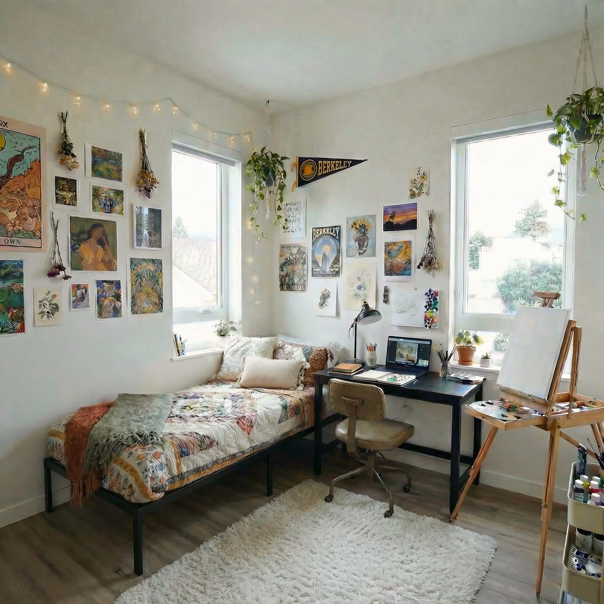 Fully furnished apartment bedroom featuring a bed, a dedicated desk area, and large windows at ArtHaus Dwight in Berkeley, CA.