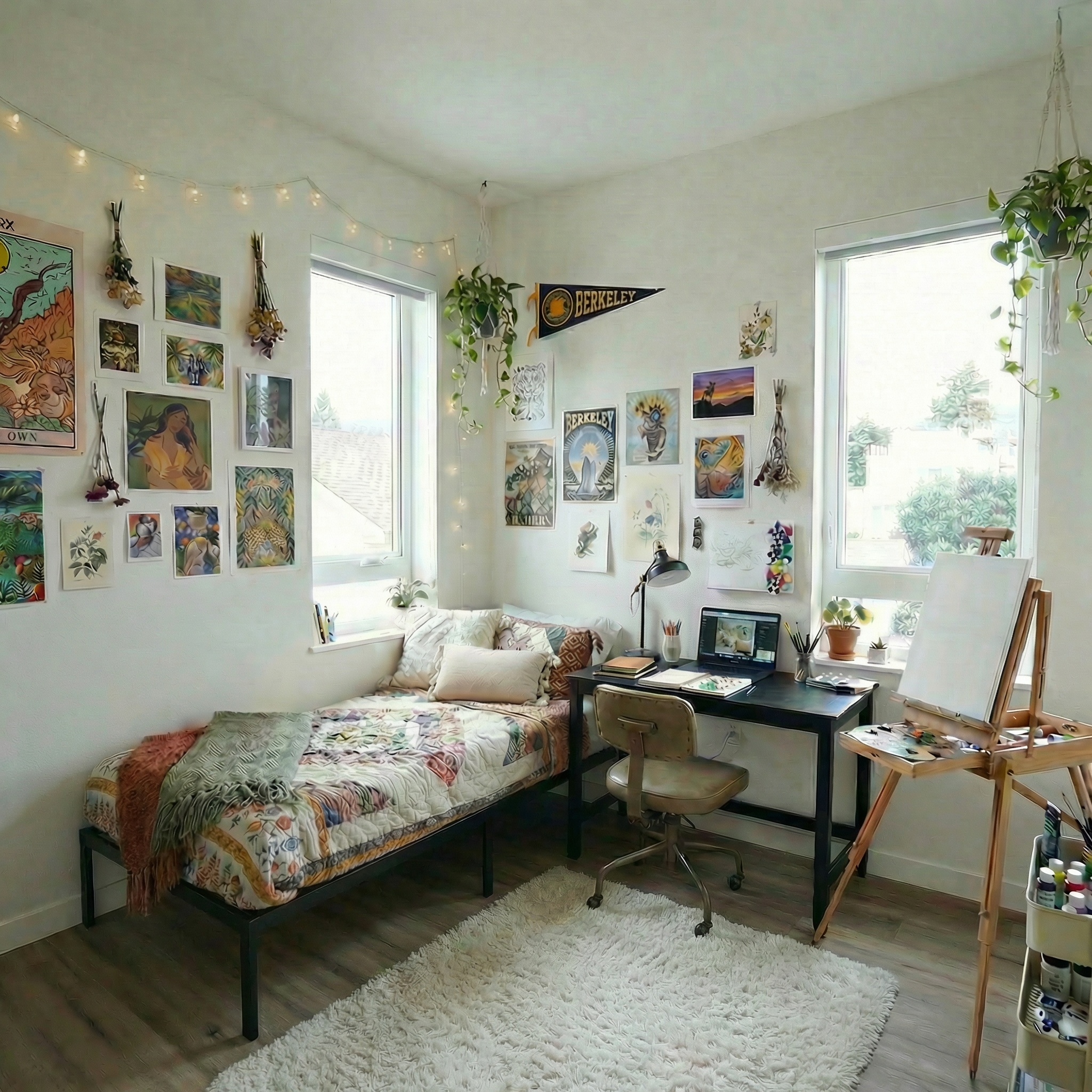 Fully furnished apartment bedroom featuring a bed, a dedicated desk area, and large windows at ArtHaus Dwight in Berkeley, CA.