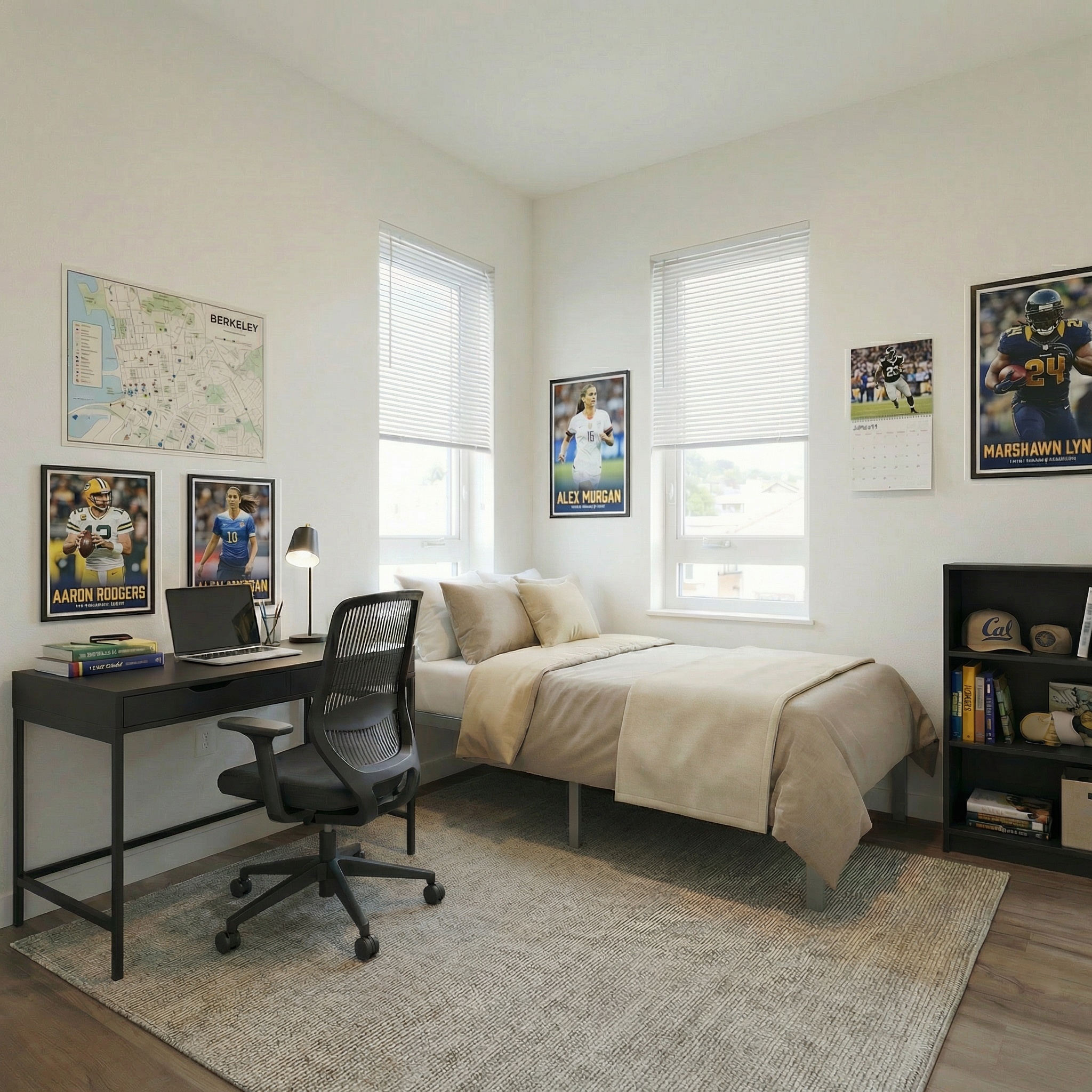 Fully furnished apartment bedroom featuring a bed, a dedicated desk area, and large windows at ArtHaus Dwight in Berkeley, CA.