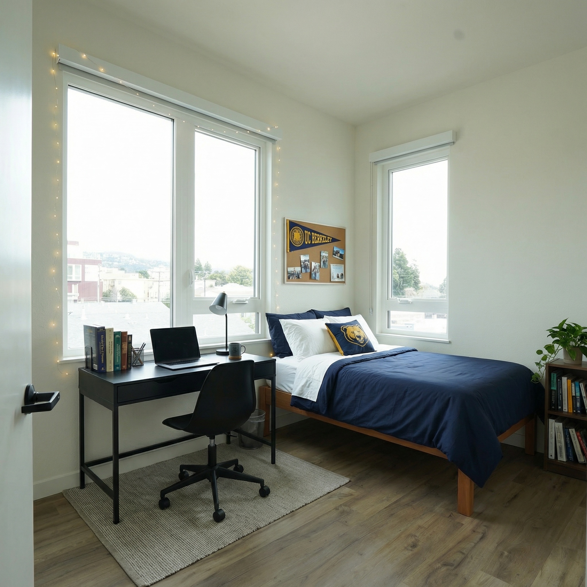 Fully furnished apartment bedroom featuring a bed, a dedicated desk area, and large windows at ArtHaus Dwight in Berkeley, CA.