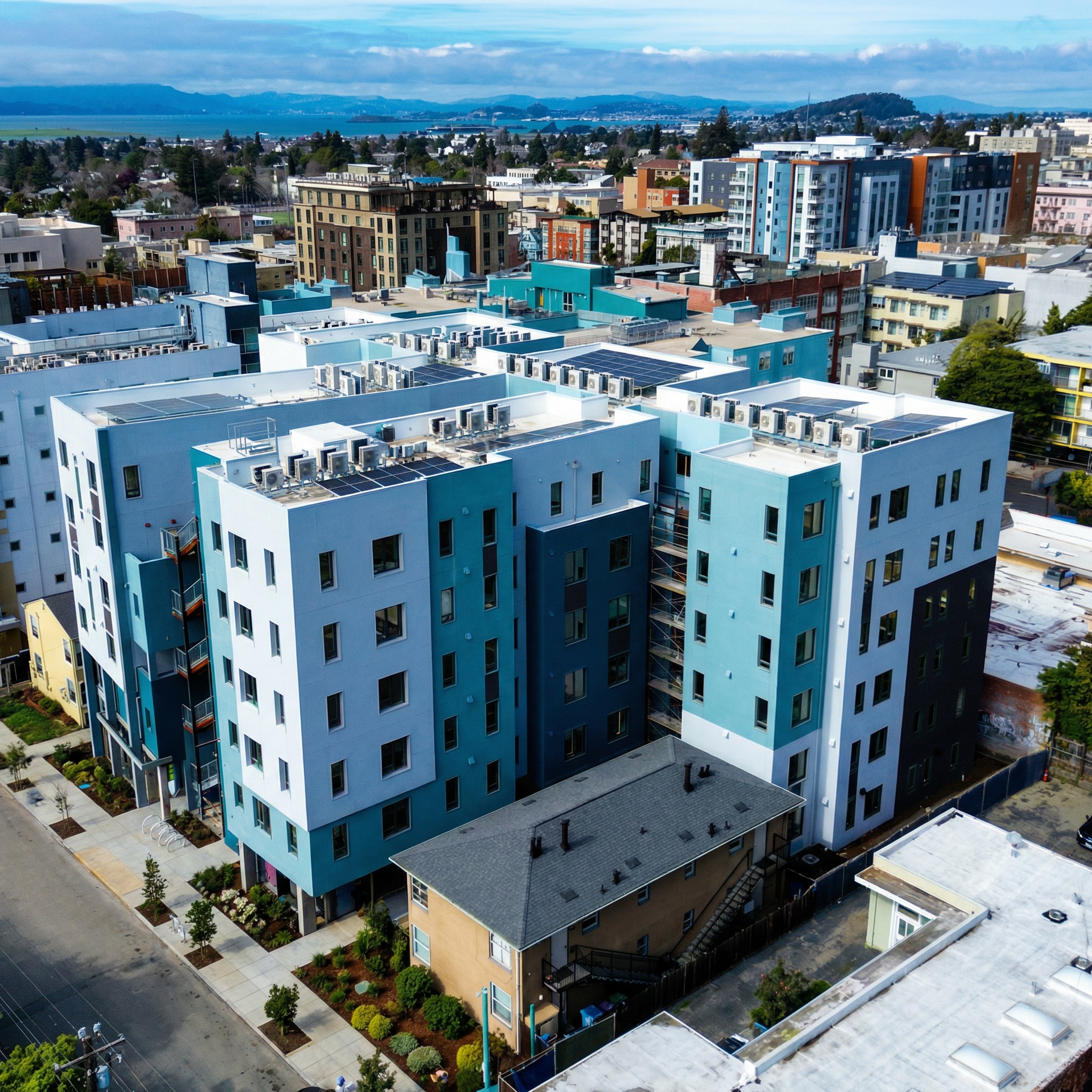 The exterior of ArtHaus Dwight, a multi-story modern apartment building with beige, white and blue sidings