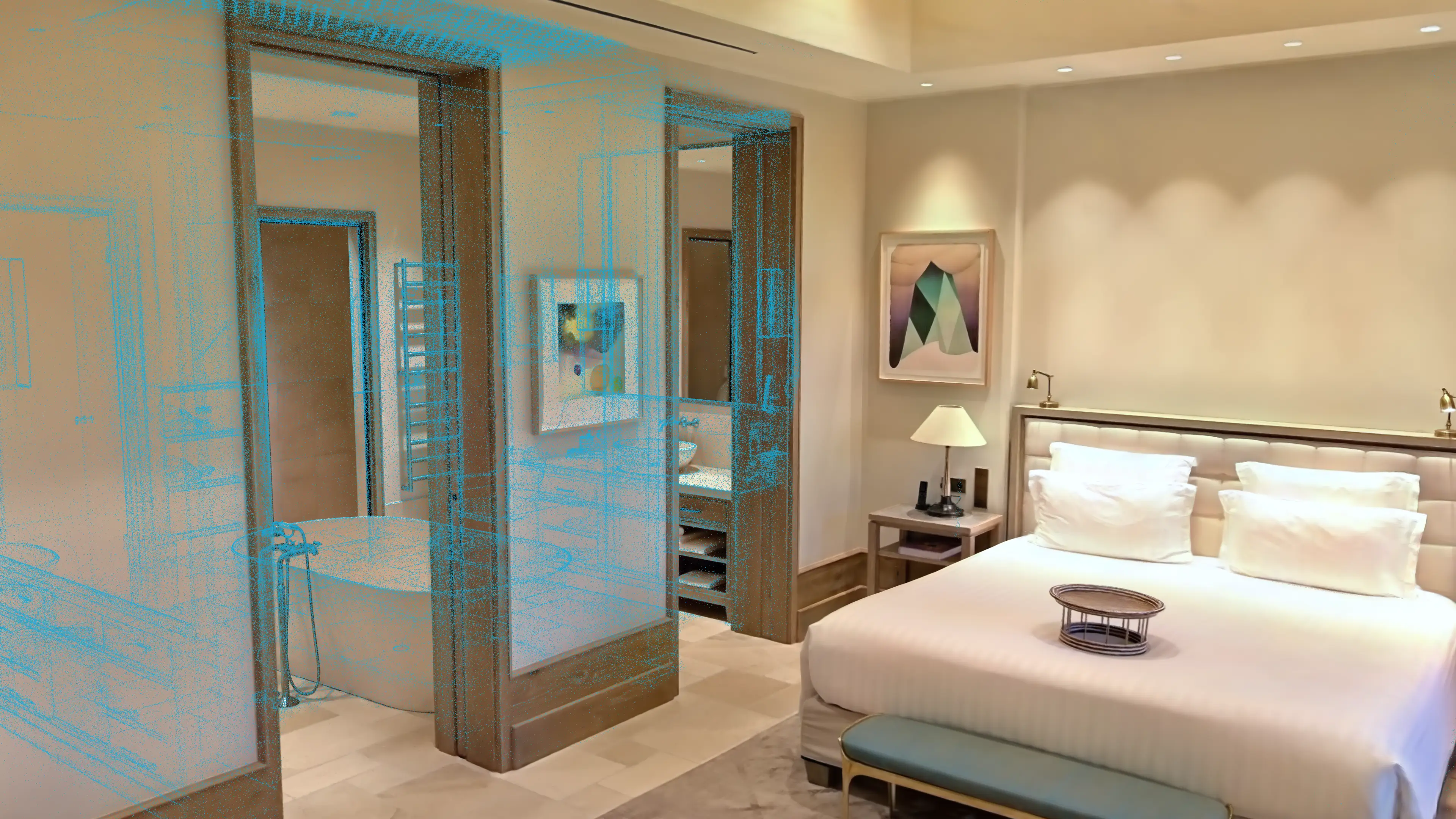 Suite shown as a Gaussian-splat 3D view with blue splat overlay on half the image.