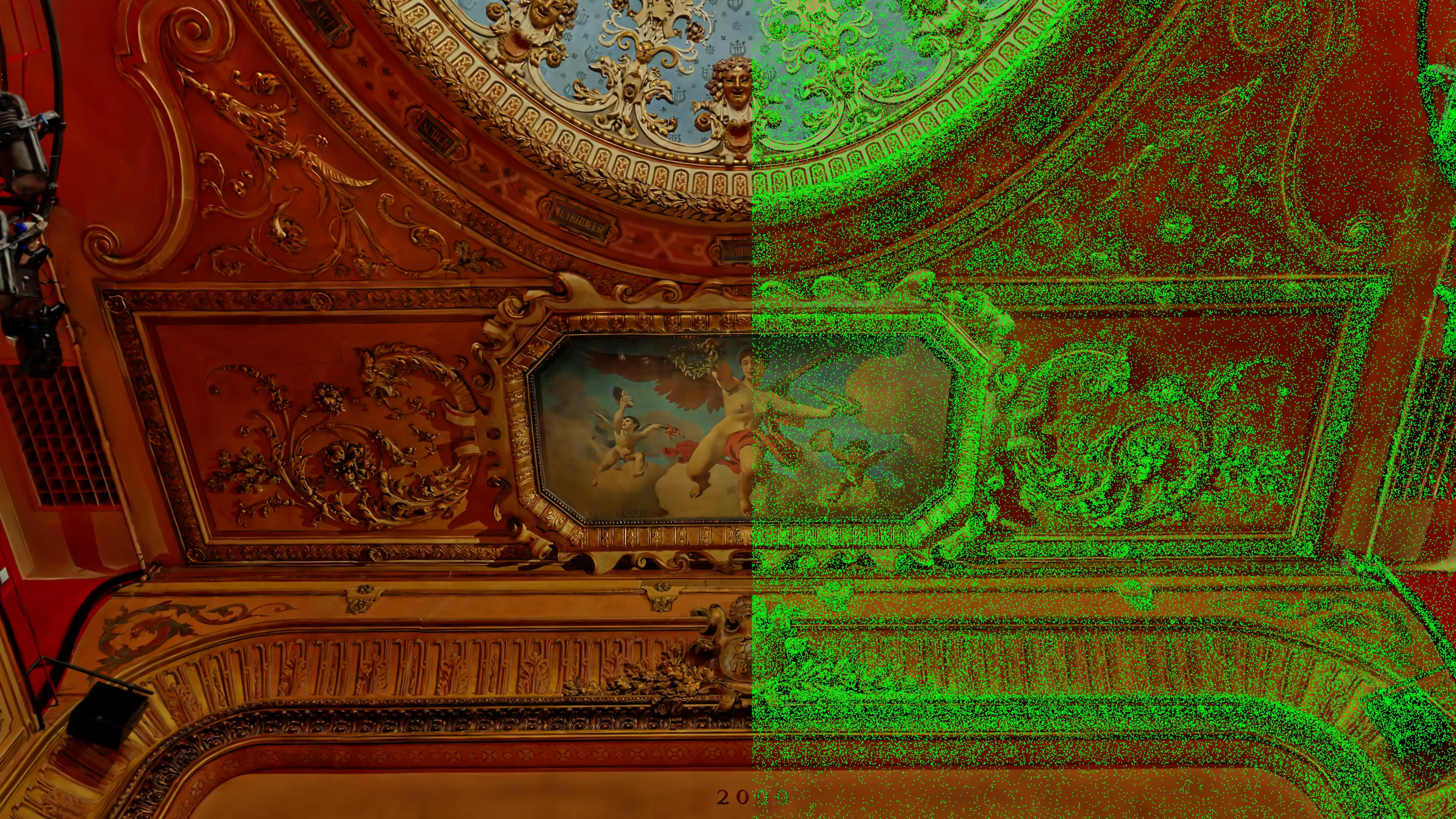 Ornate theatre ceiling captured in 3D, with a green point overlay on the right side indicating the reconstructed geometry.