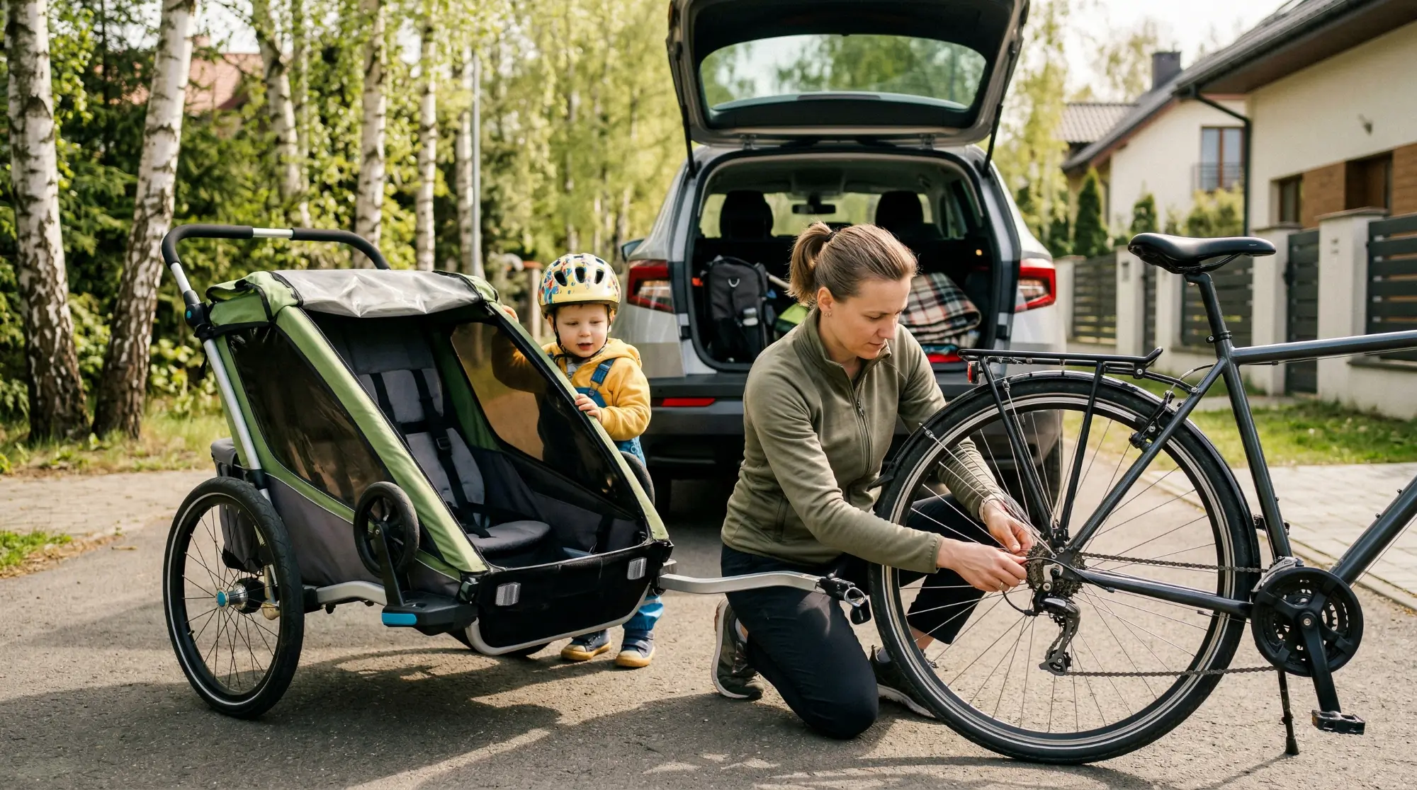 Mama montująca przyczepkę rowerową do roweru na podjeździe — maluch w kasku zagląda do środka przed weekendowym wypadem