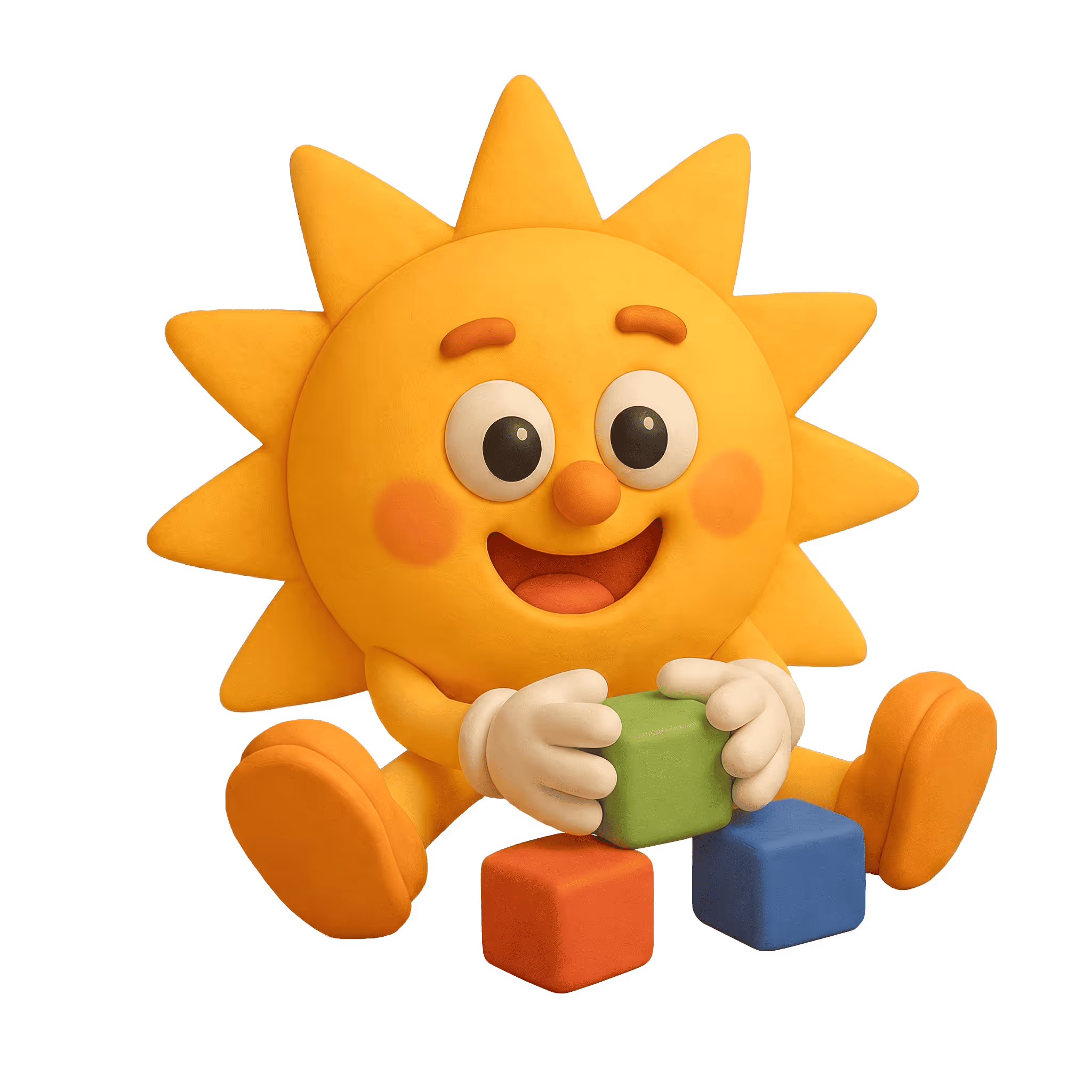 Ein Sonnenenergie-Maskottchen sitzt auf dem Boden und spielt mit Bauklötzen.