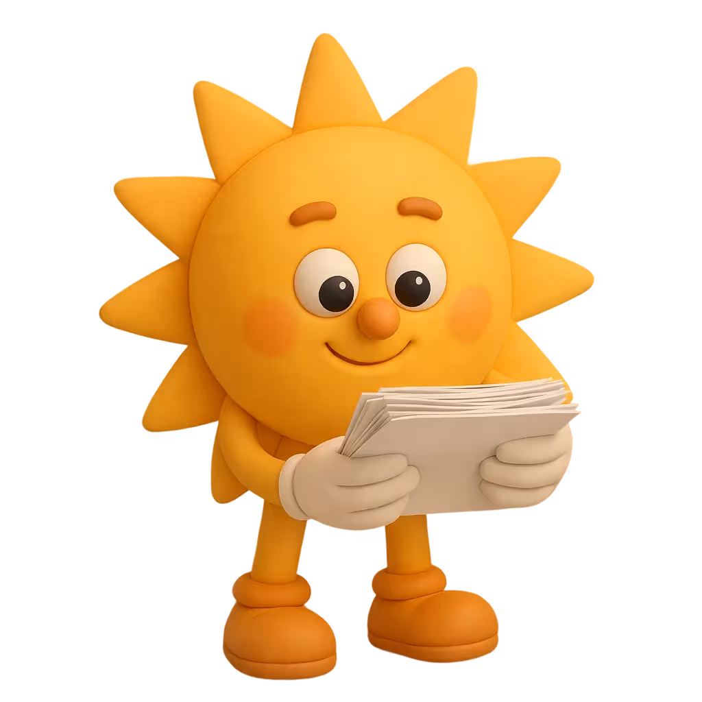 Ein Sonnenenergie-Maskottchen ließt einen Stapel Blätter in seiner Hand.