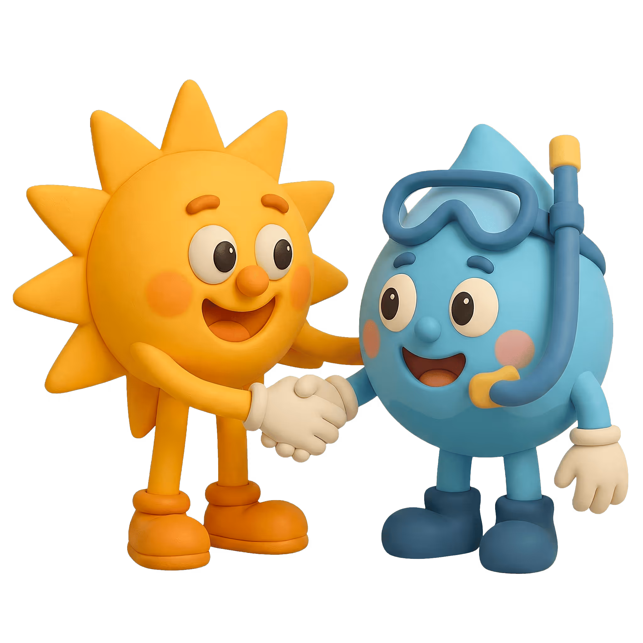 Ein Sonnenenergie-Maskottchen und ein Wasserkraft-Maskottchen schütteln sich die Hand.