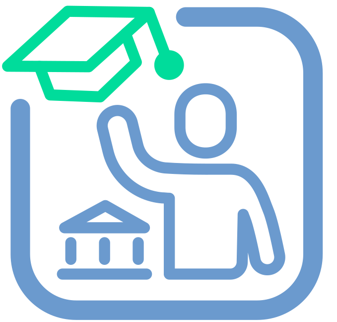 Symbol einer Person, die einen Akademikerhut wirft, mit einem Gebäude das eine Bildungseinrichtung darstellt.