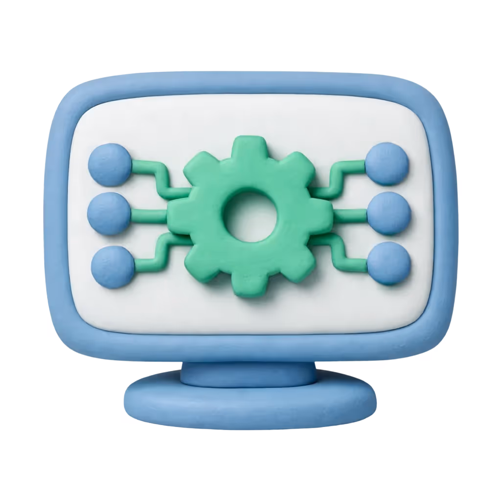 Blauer Monitor mit grünem Zahnrad und verbundenen Punkten, das die Synection Plattform signalisiert.