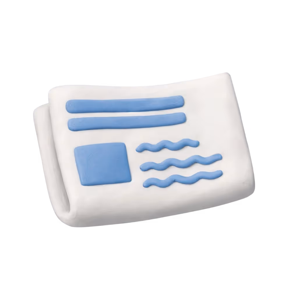 Eine stilisierte, weiße Zeitung mit blauen Linien, die Text und ein Bildsymbol darstellen.