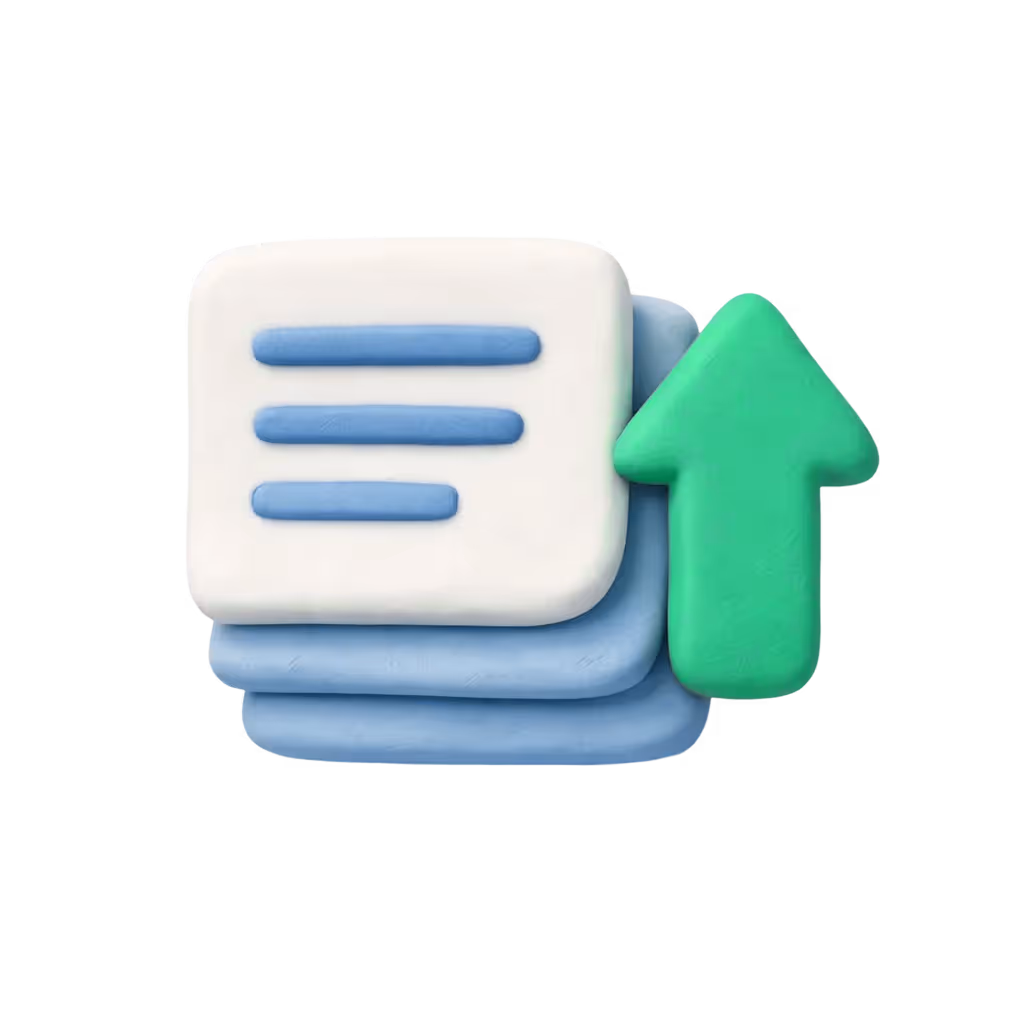 Symbol eines Stapels von Dokumenten mit blauen Textzeilen und einem grünen Pfeil, der nach oben zeigt.