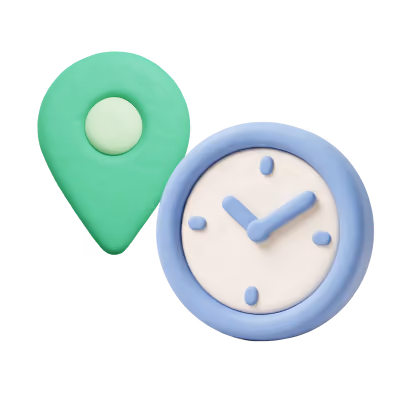 Ein grünes Standort-Pin-Symbol neben einer blauen Uhr mit Zeigern auf 10:10.