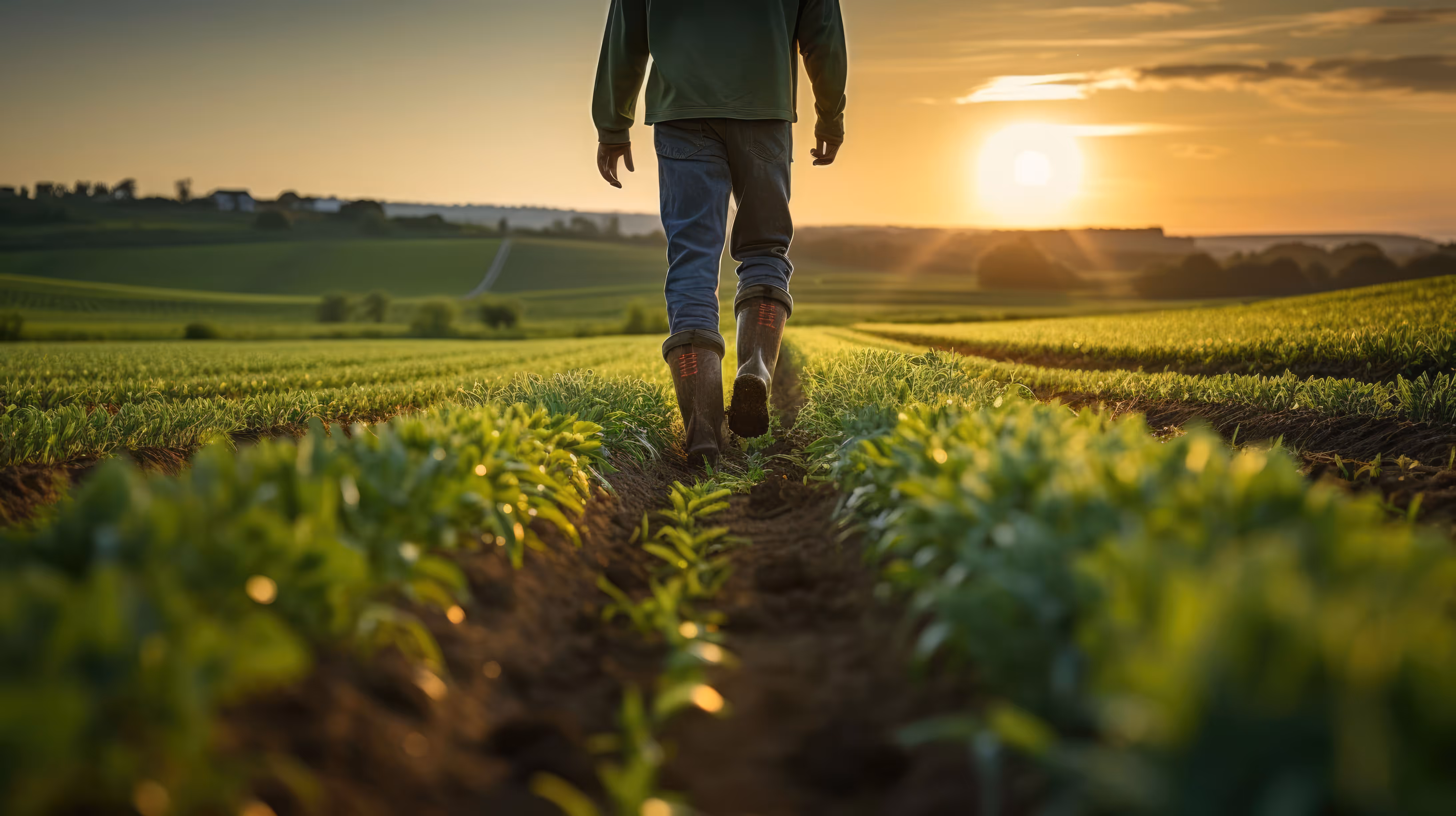 Farmer walking through field of crops